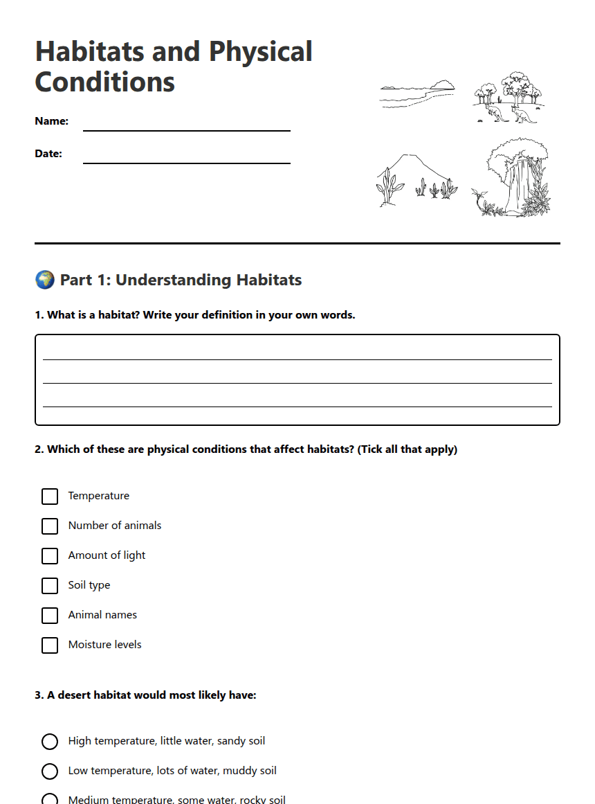Habitats and Physical Conditions worksheet preview