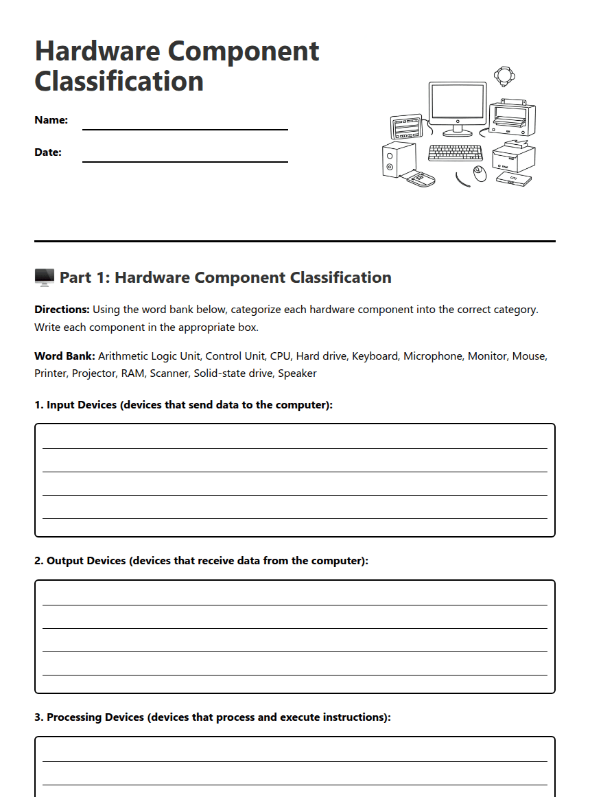 Hardware Component Classification worksheet preview