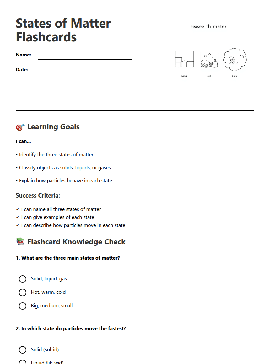 States of Matter Flashcards worksheet preview