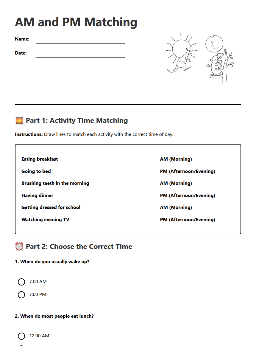 AM and PM Matching worksheet preview