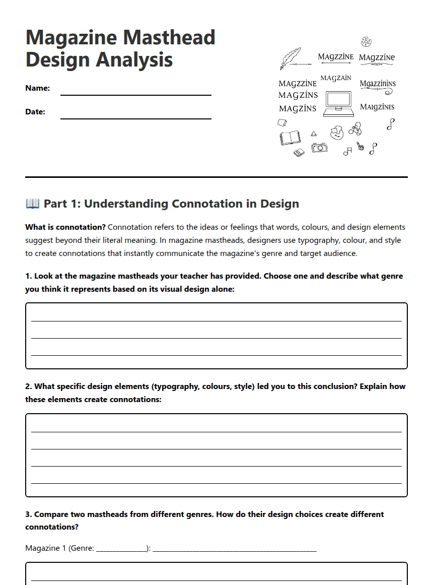 Magazine Masthead Design Analysis worksheet preview
