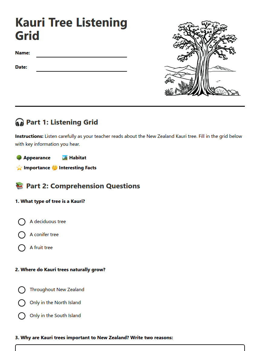 Kauri Tree Listening Grid worksheet preview