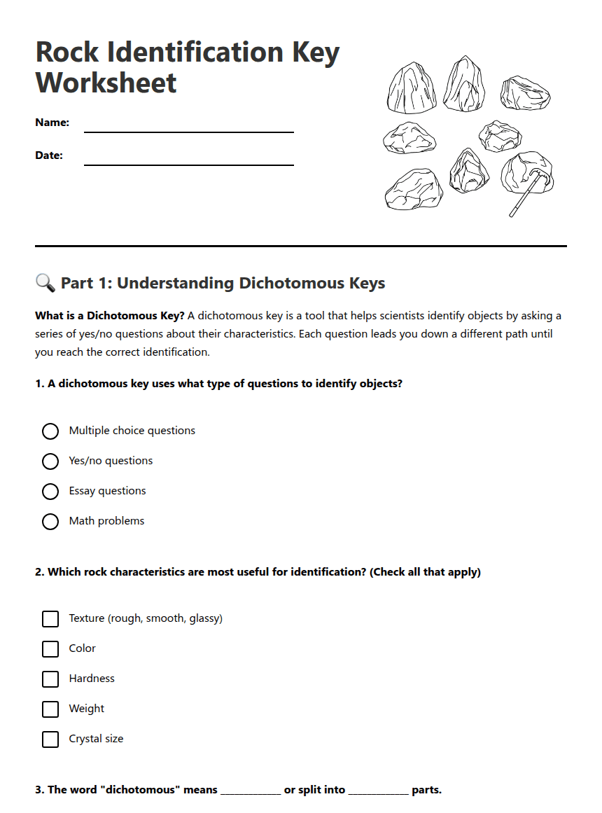 Rock Identification Key Worksheet worksheet preview