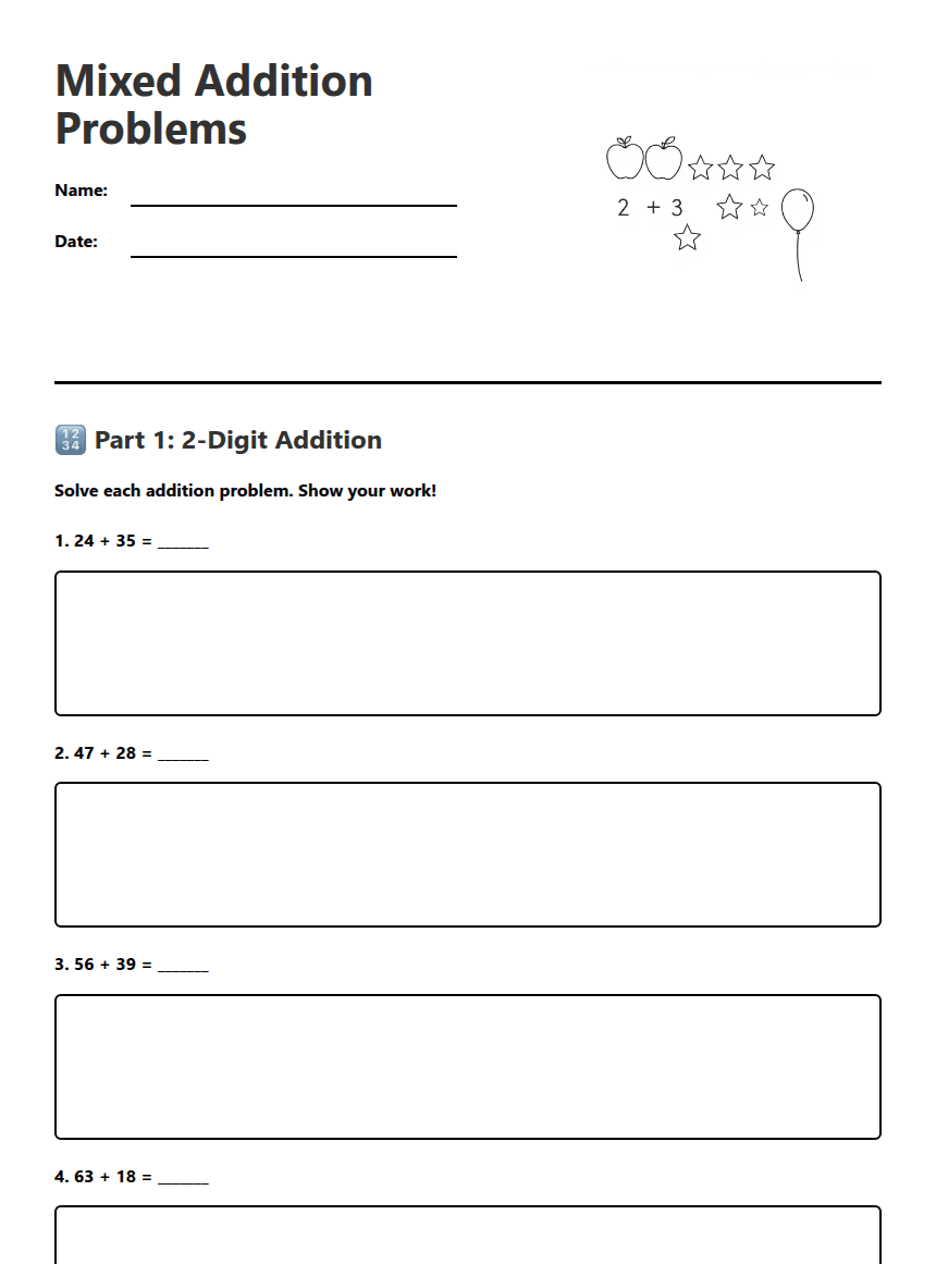 Mixed Addition Problems worksheet preview