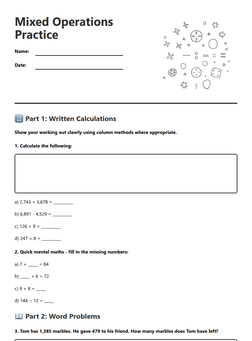 Mixed Operations Practice worksheet preview