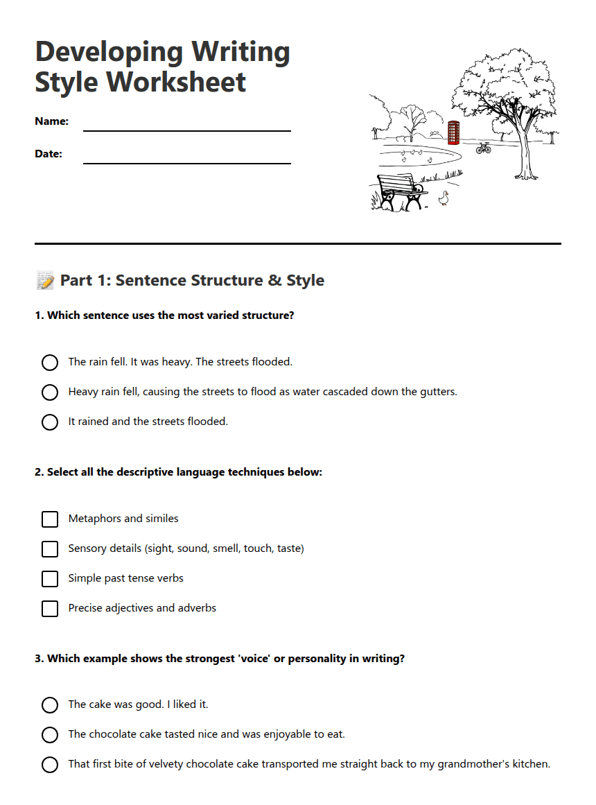 Developing Writing Style Worksheet worksheet preview