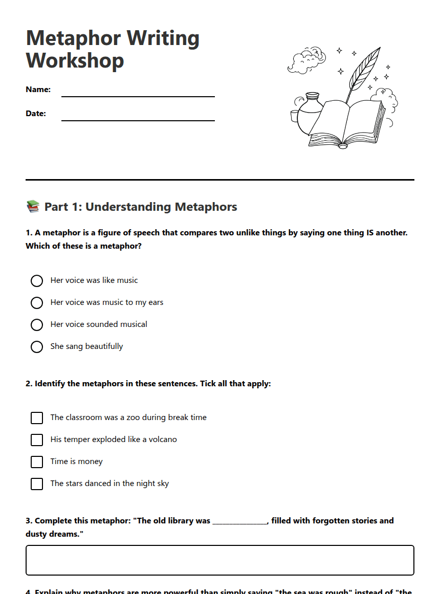 Metaphor Writing Workshop worksheet preview