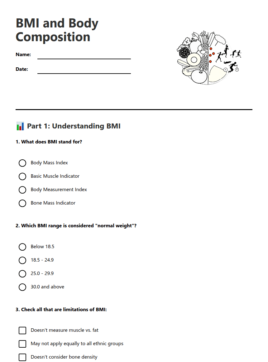 BMI and Body Composition worksheet preview
