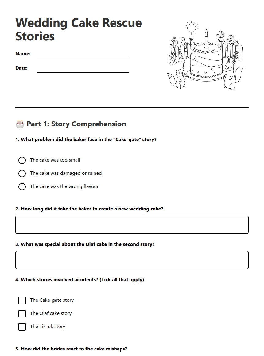 Wedding Cake Rescue Stories worksheet preview