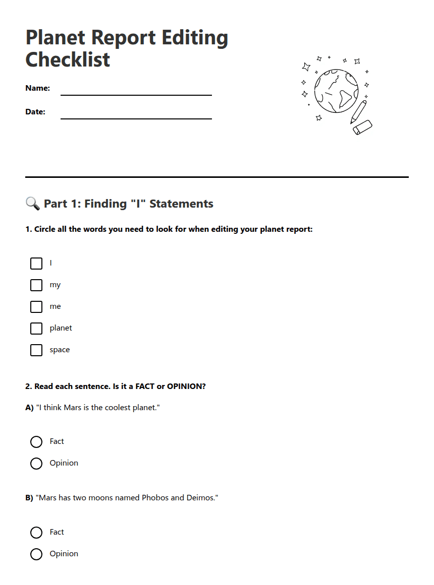 Planet Report Editing Checklist worksheet preview