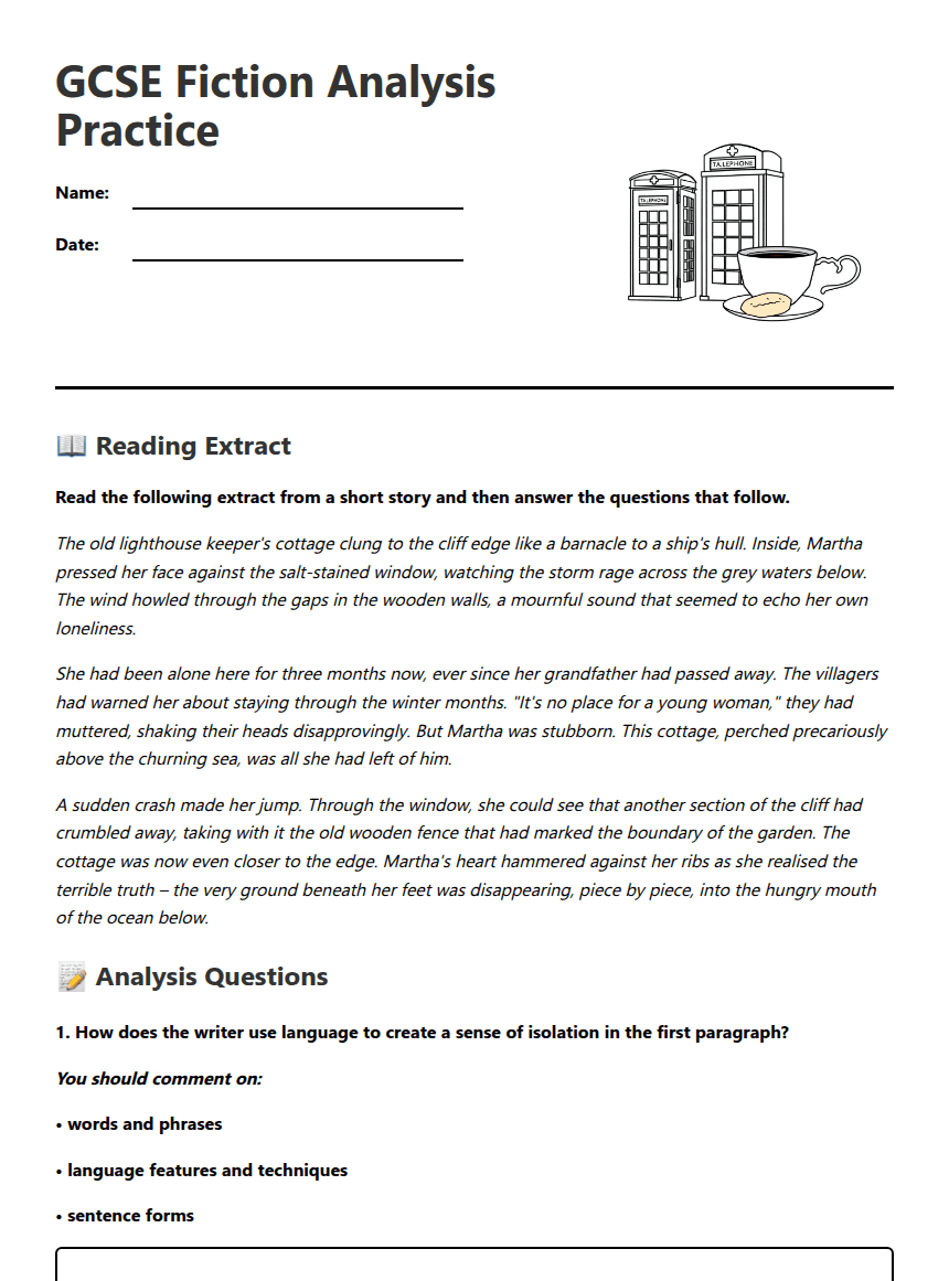 GCSE Fiction Analysis Practice worksheet preview