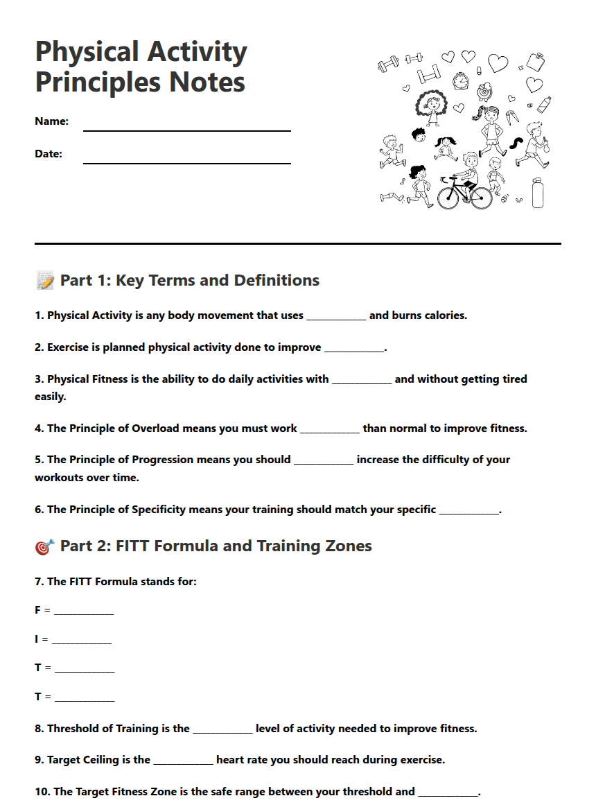 Physical Activity Principles Notes worksheet preview