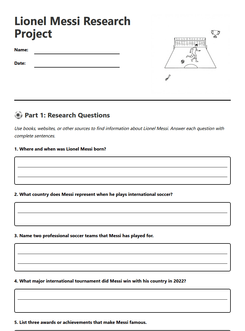 Lionel Messi Research Project worksheet preview