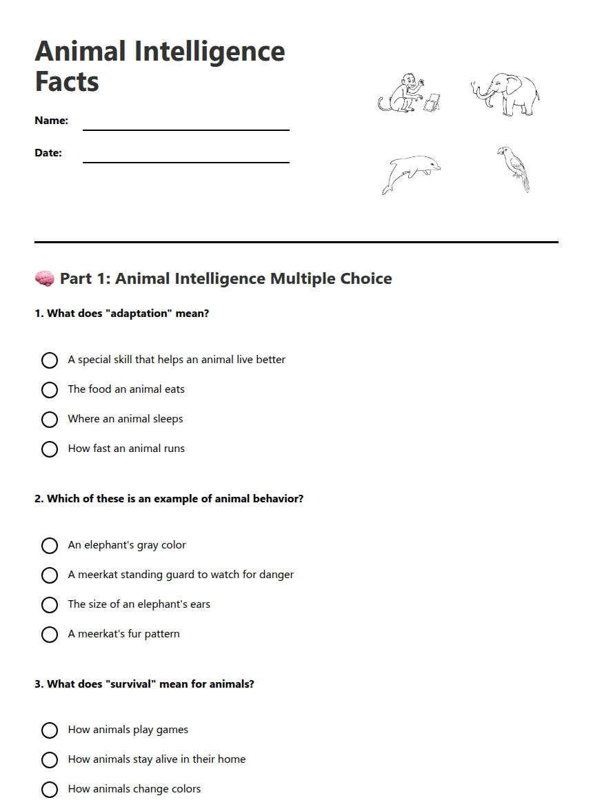 Animal Intelligence Facts worksheet preview