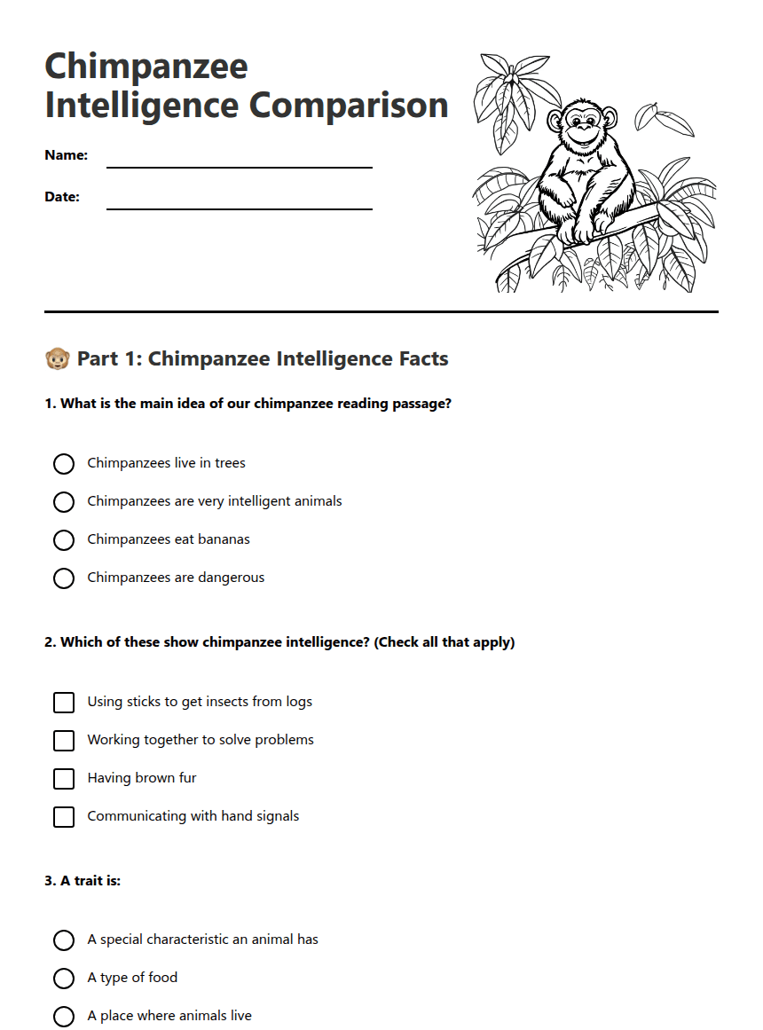 Chimpanzee Intelligence Comparison worksheet preview