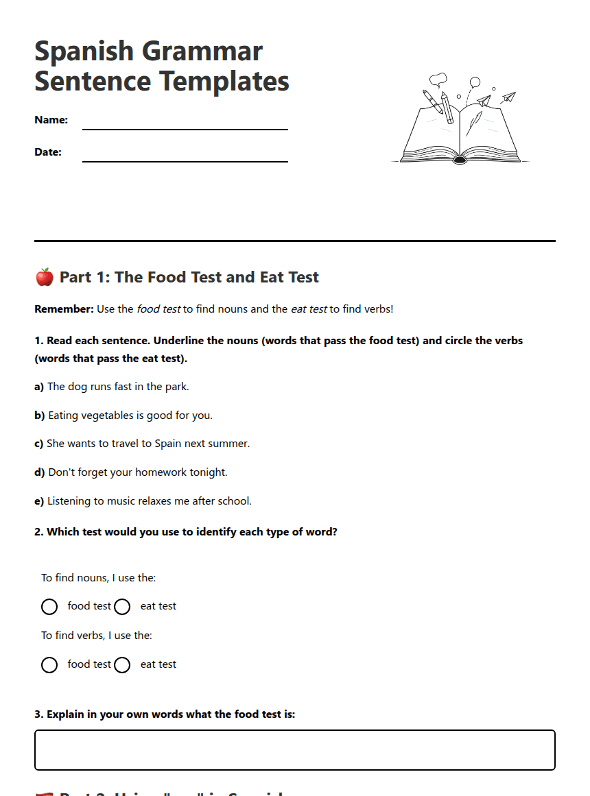 Spanish Grammar Sentence Templates worksheet preview