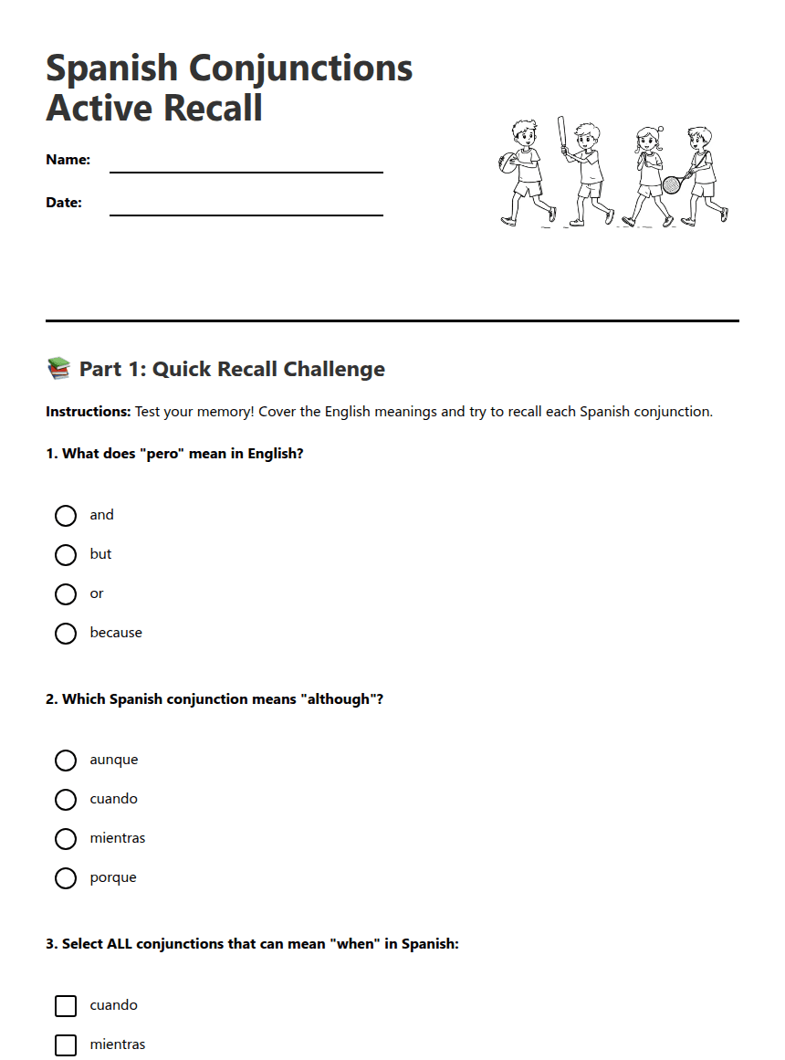 Spanish Conjunctions Active Recall worksheet preview