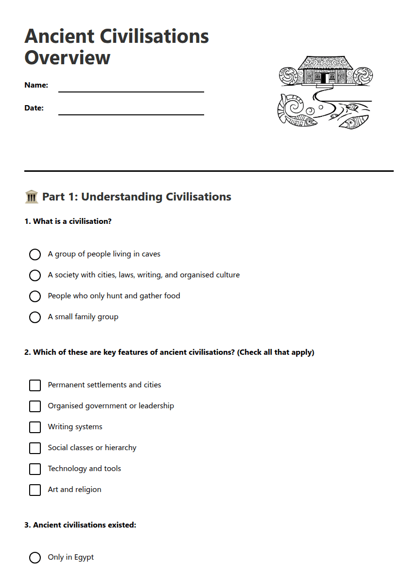 Ancient Civilisations Overview worksheet preview