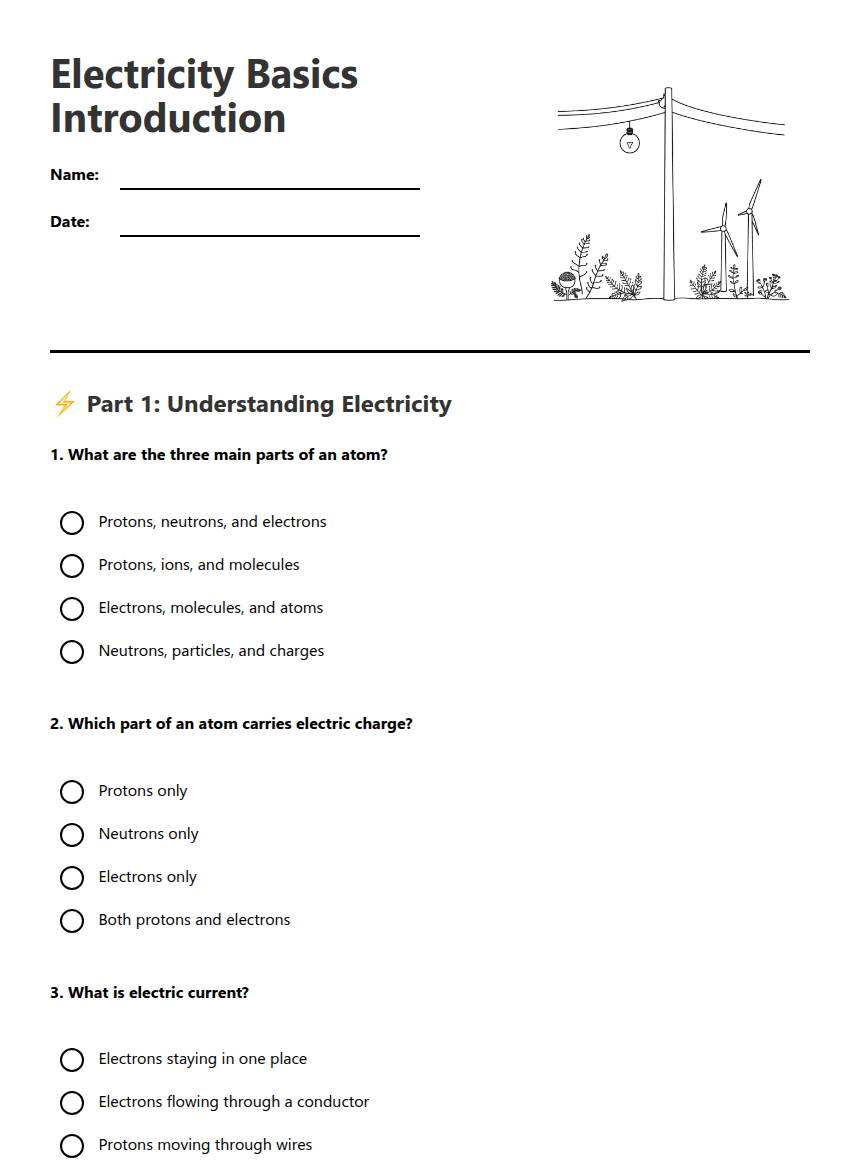 Electricity Basics Introduction worksheet preview