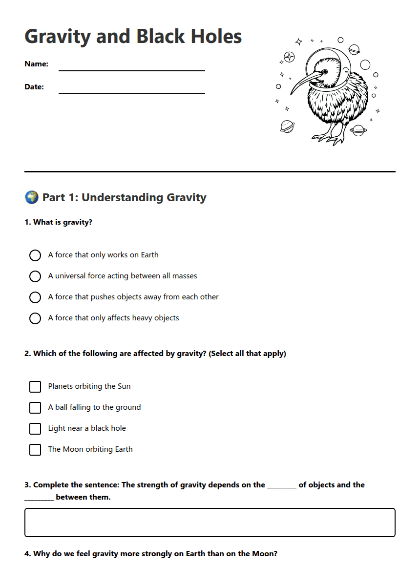 Gravity and Black Holes worksheet preview