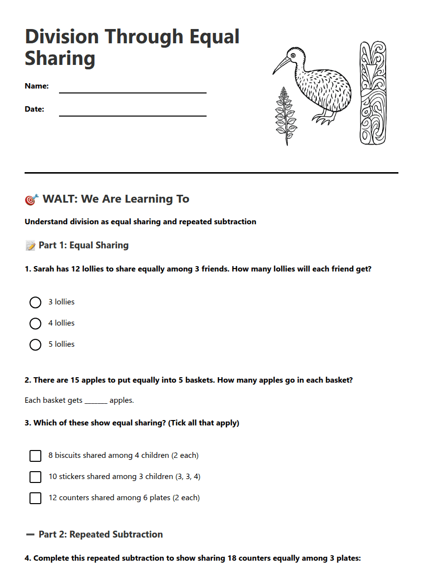 Division Through Equal Sharing worksheet preview