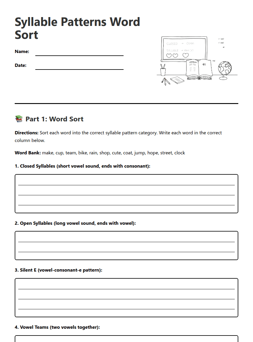 Syllable Patterns Word Sort worksheet preview