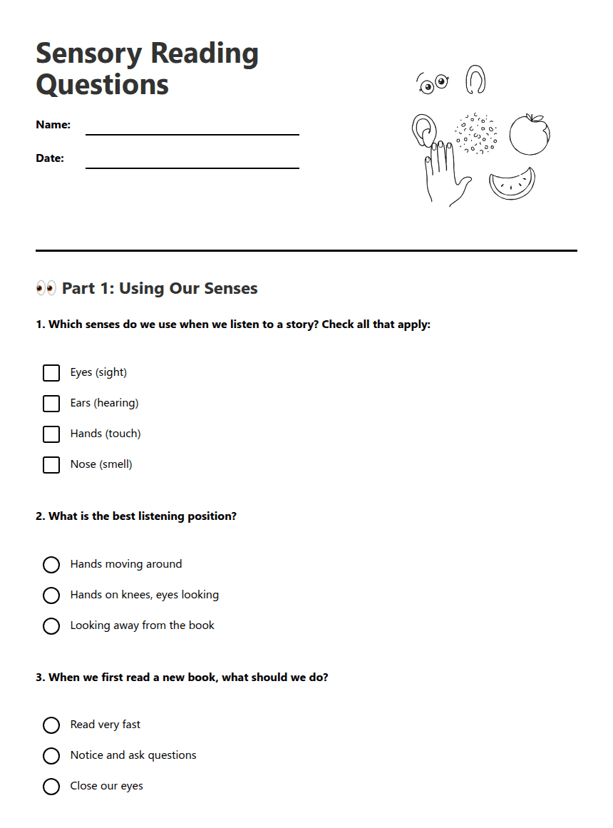 Sensory Reading Questions worksheet preview