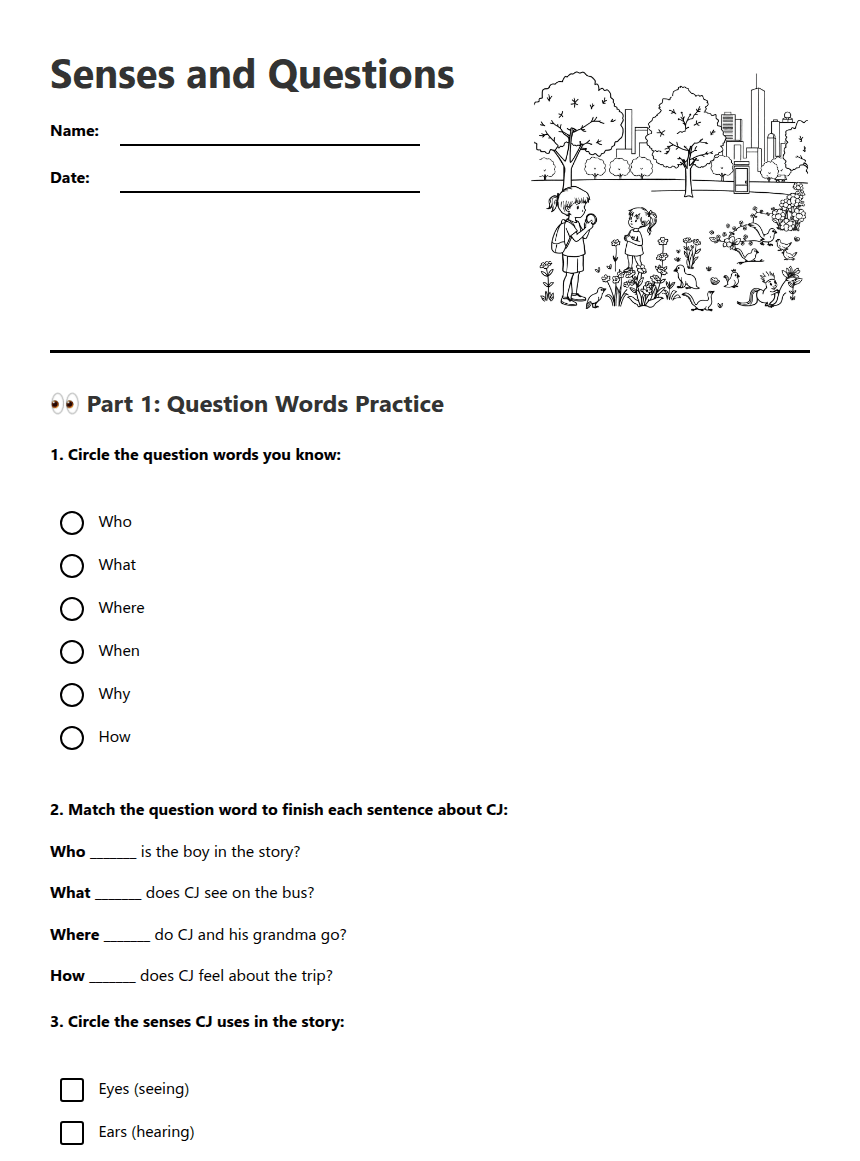 Senses and Questions worksheet preview