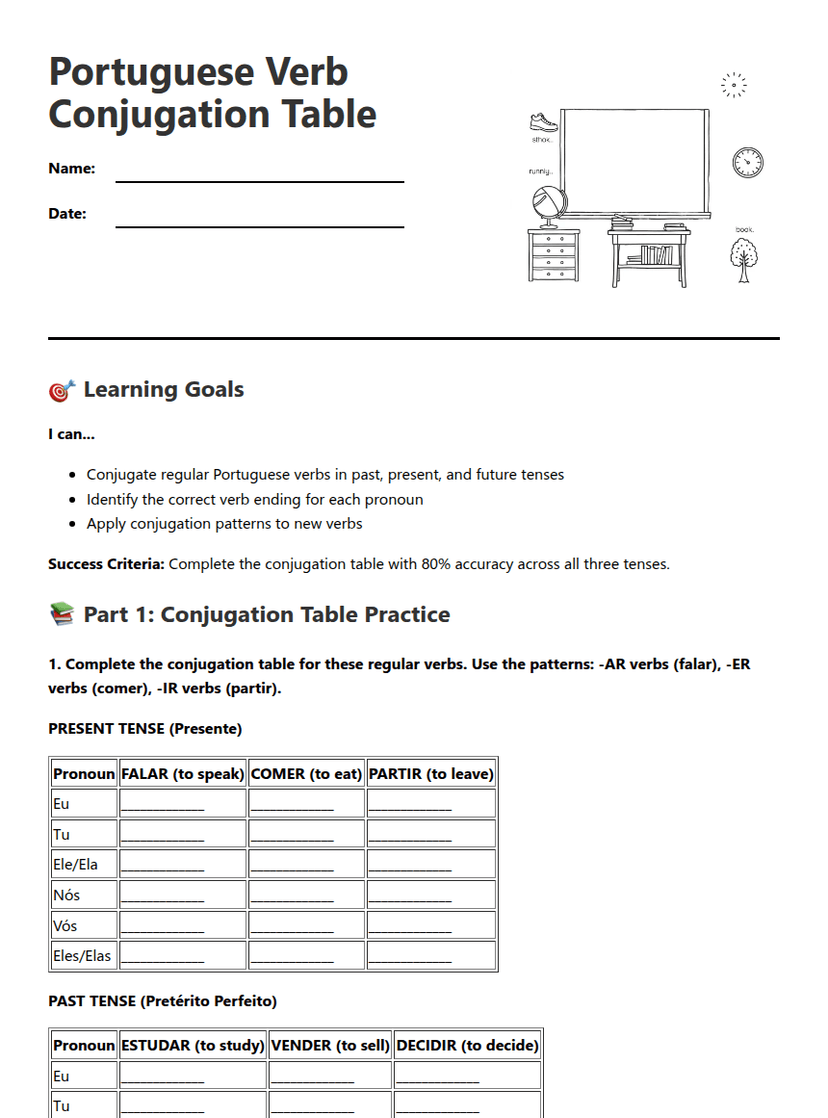 Portuguese Verb Conjugation Table