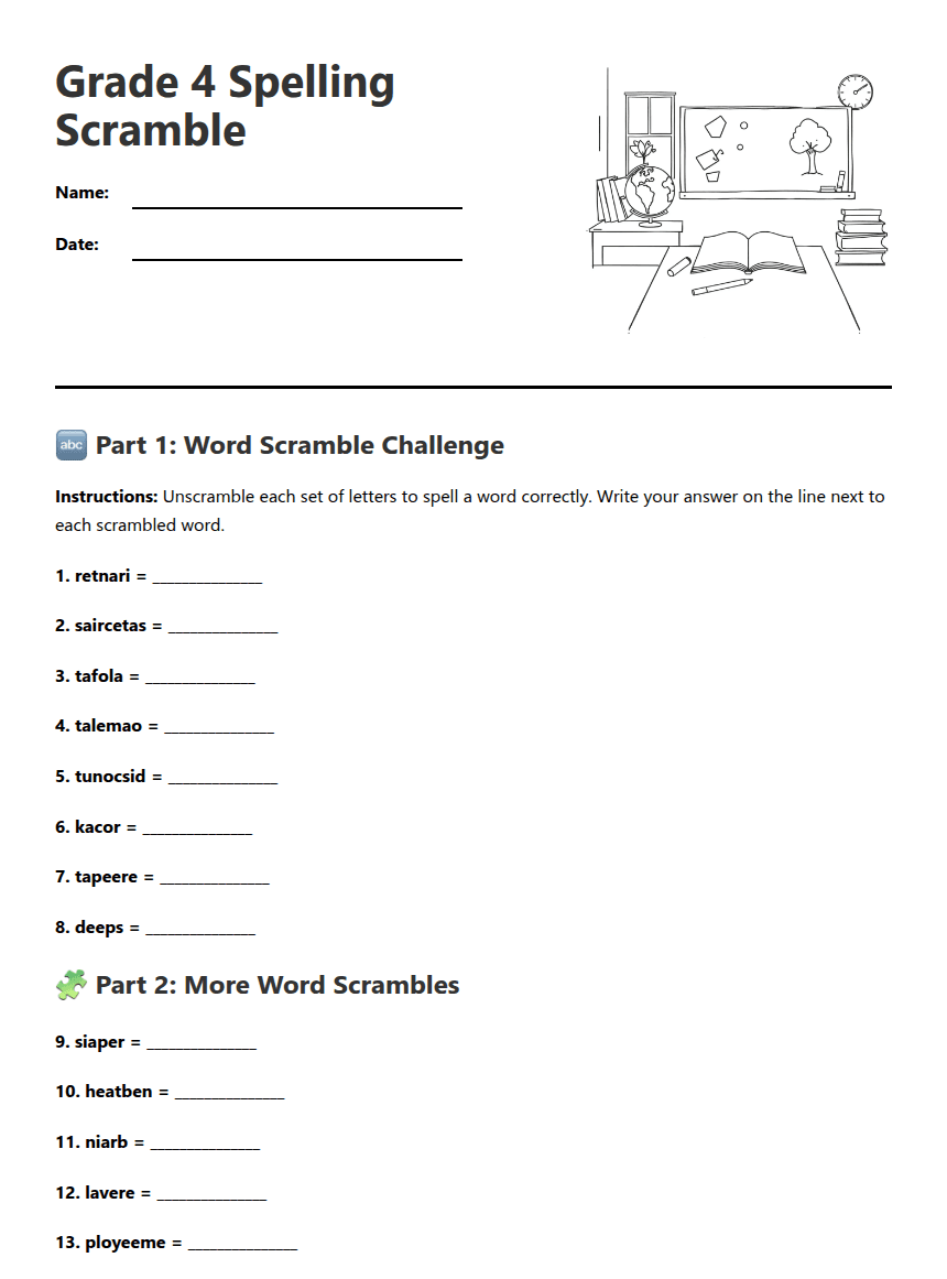 Grade 4 Spelling Scramble worksheet preview