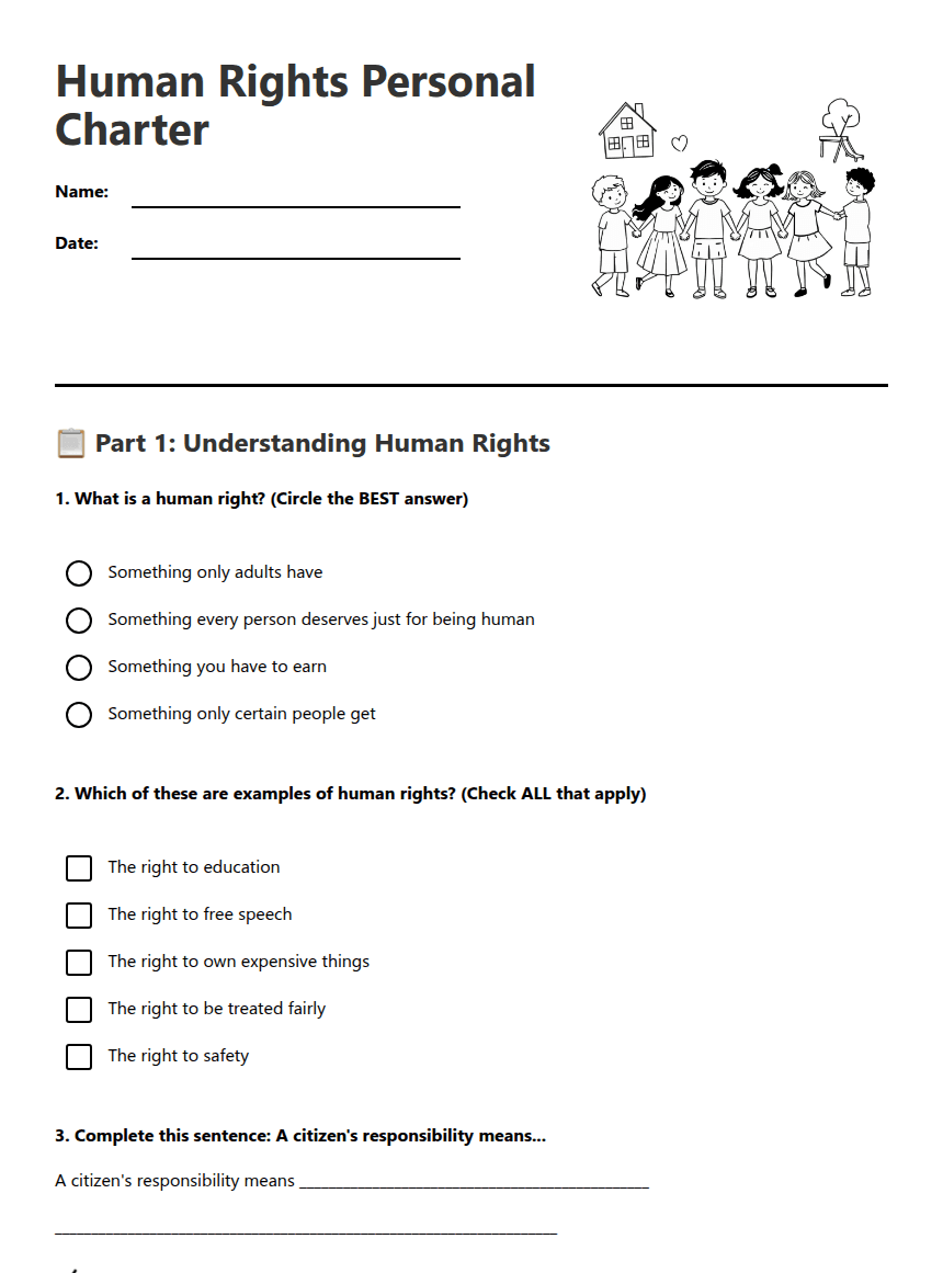Human Rights Personal Charter worksheet preview