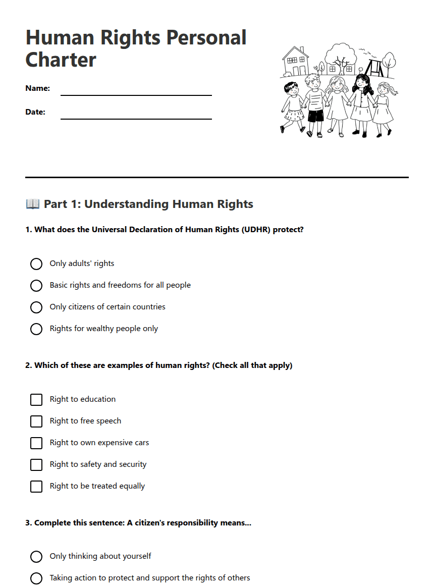 Human Rights Personal Charter worksheet preview
