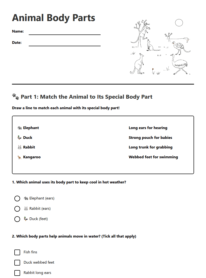 Animal Body Parts worksheet preview