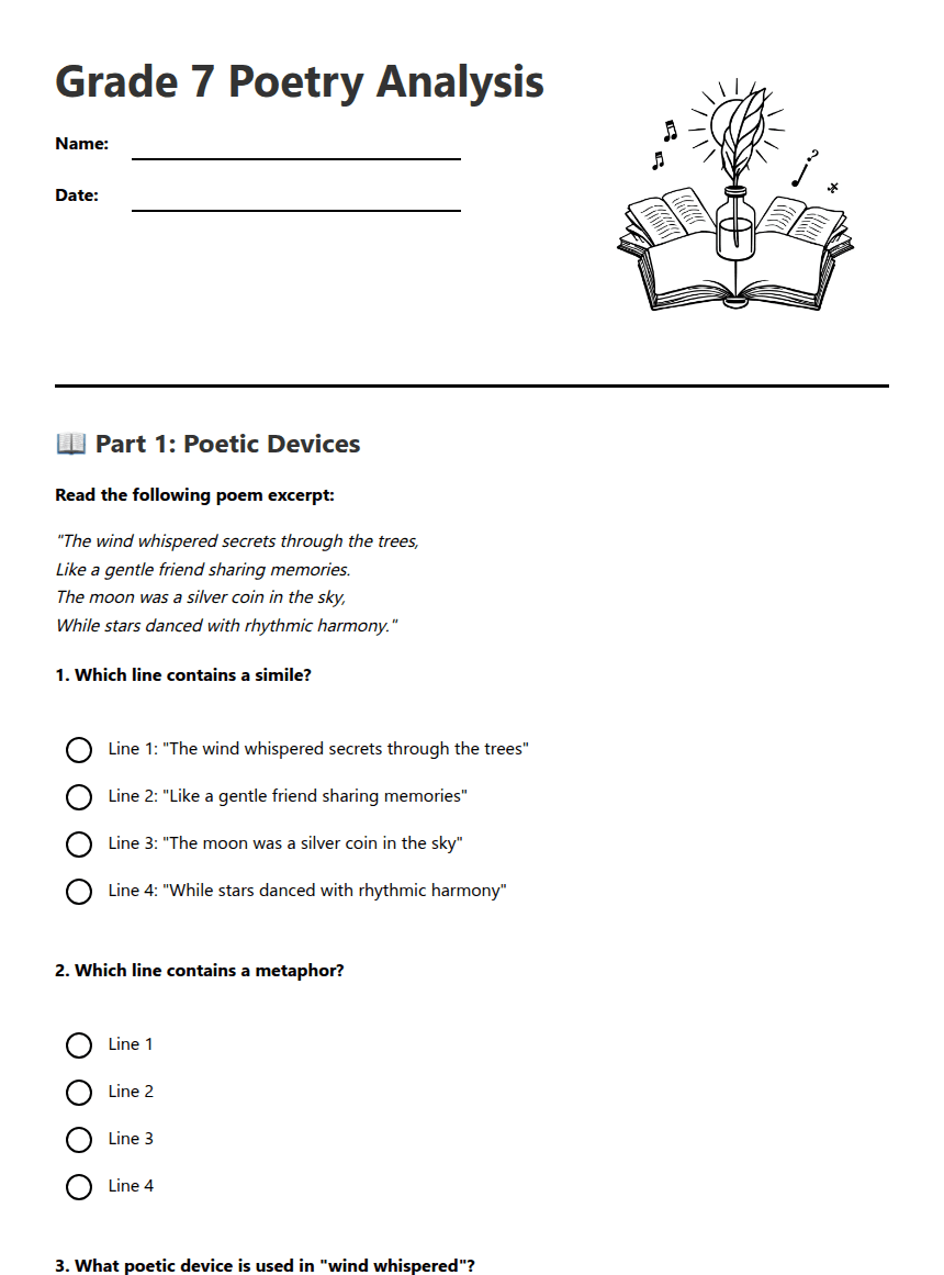 Grade 7 Poetry Analysis worksheet preview