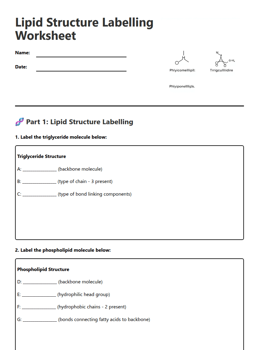 Lipid Structure Labeling Worksheet worksheet preview