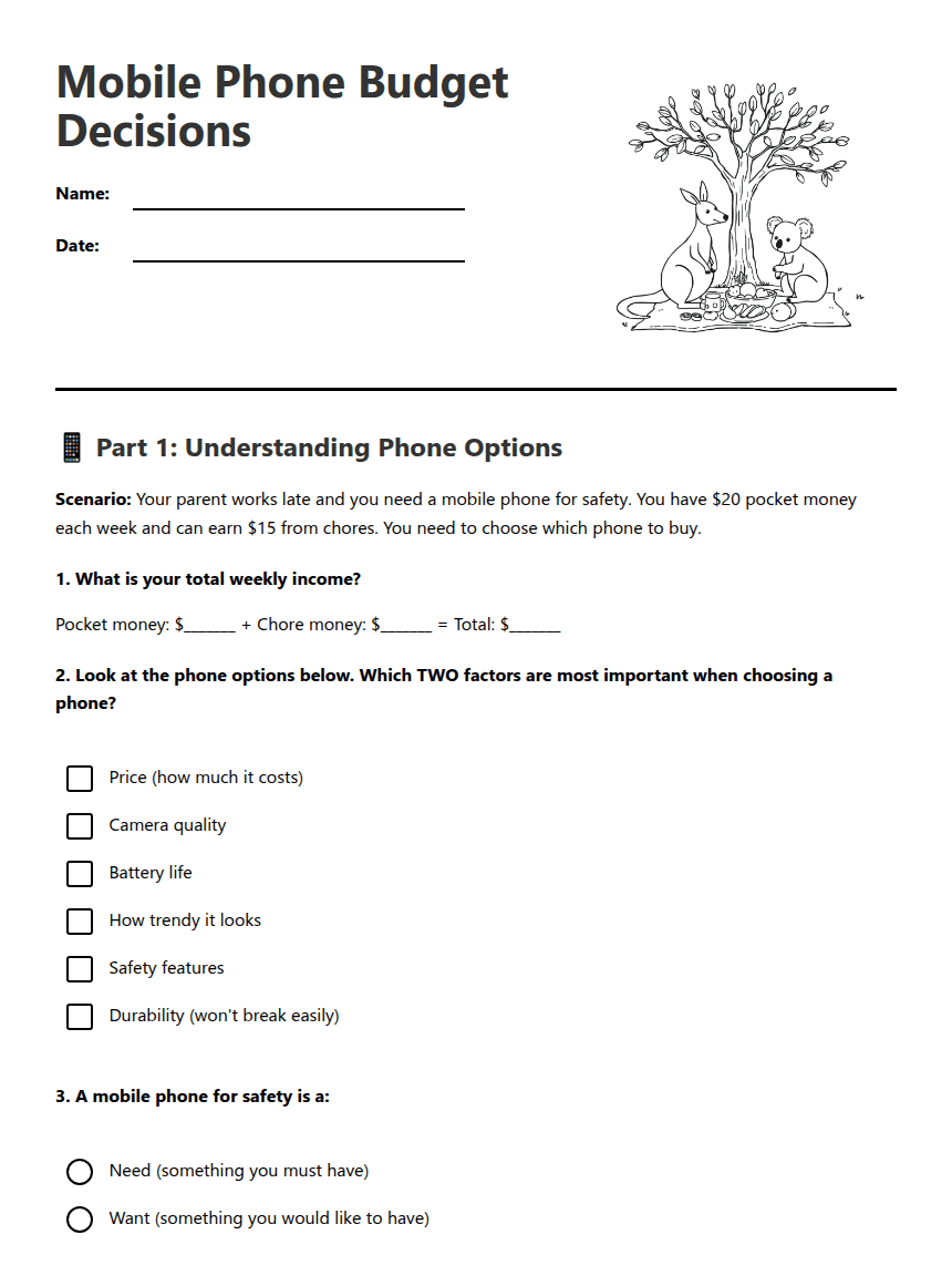 Mobile Phone Budget Decisions worksheet preview