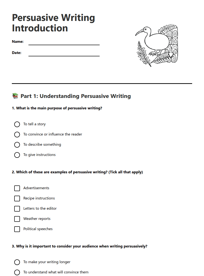 Persuasive Writing Introduction worksheet preview