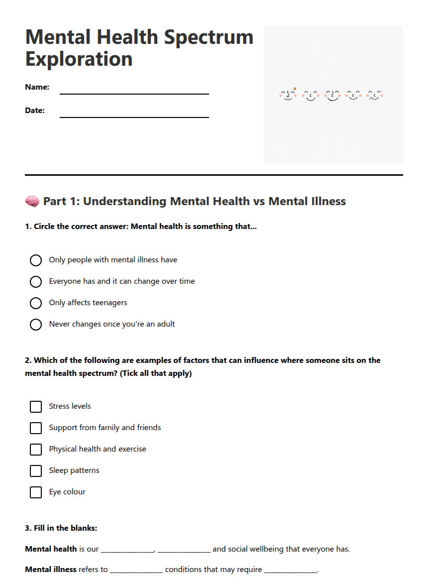 Mental Health Spectrum Exploration worksheet preview