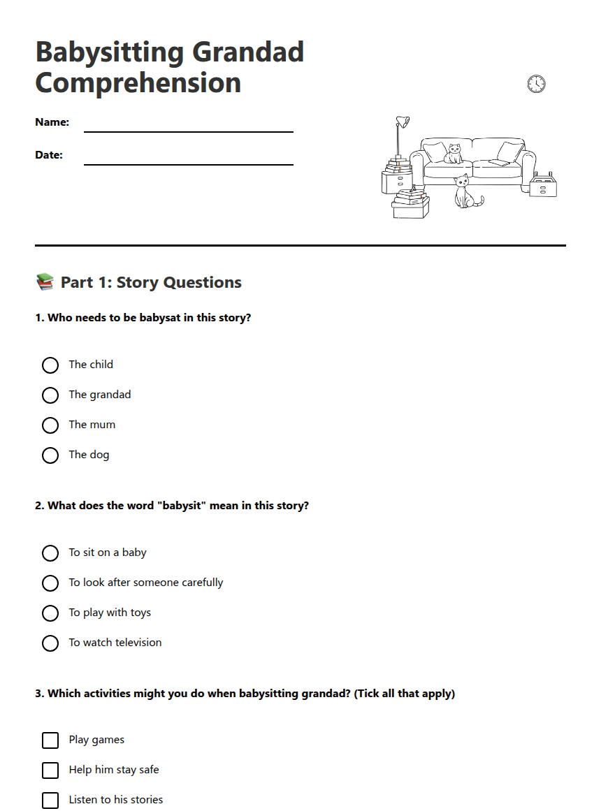 Babysitting Grandad Comprehension worksheet preview