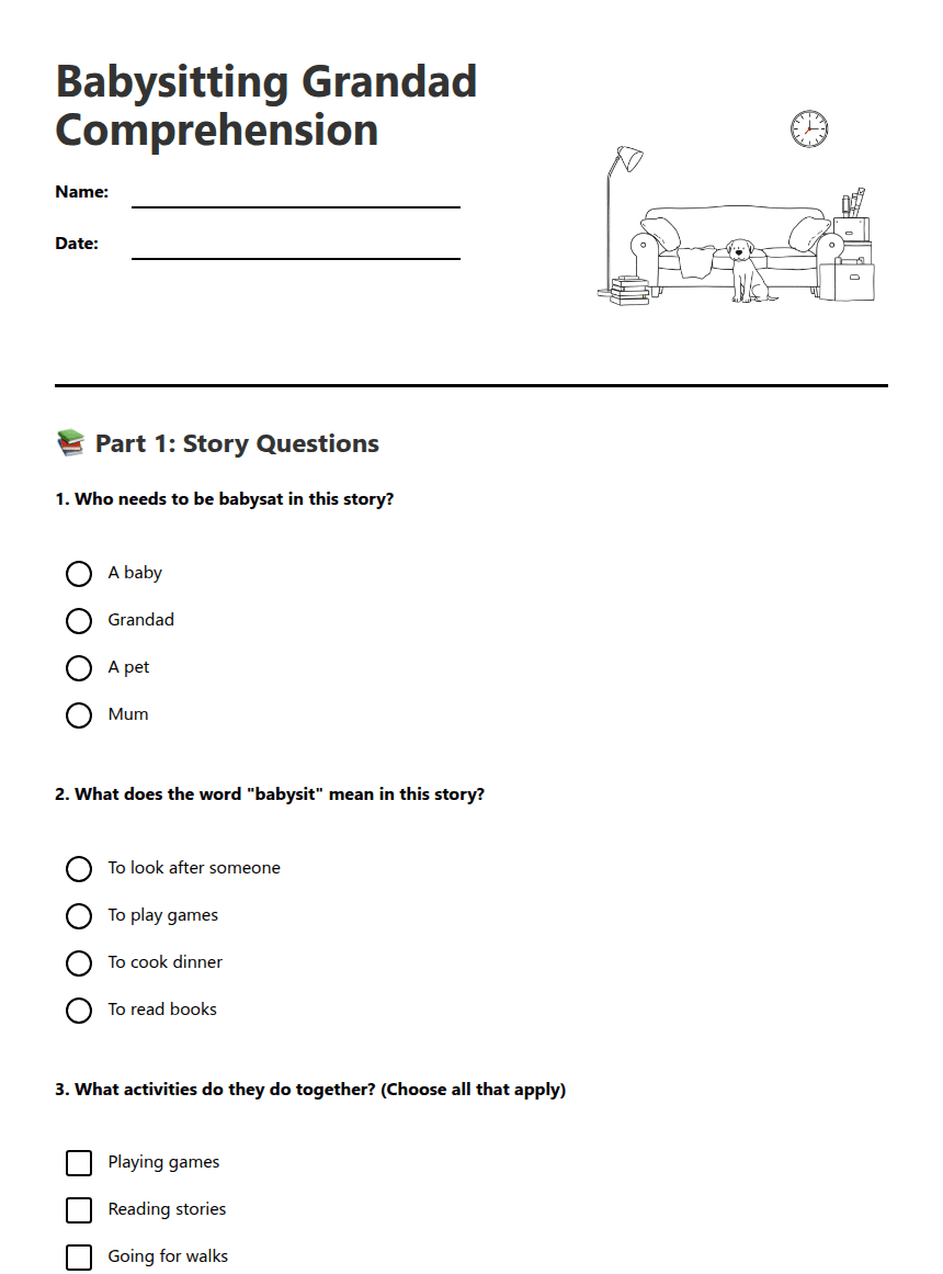 Babysitting Grandad Comprehension worksheet preview