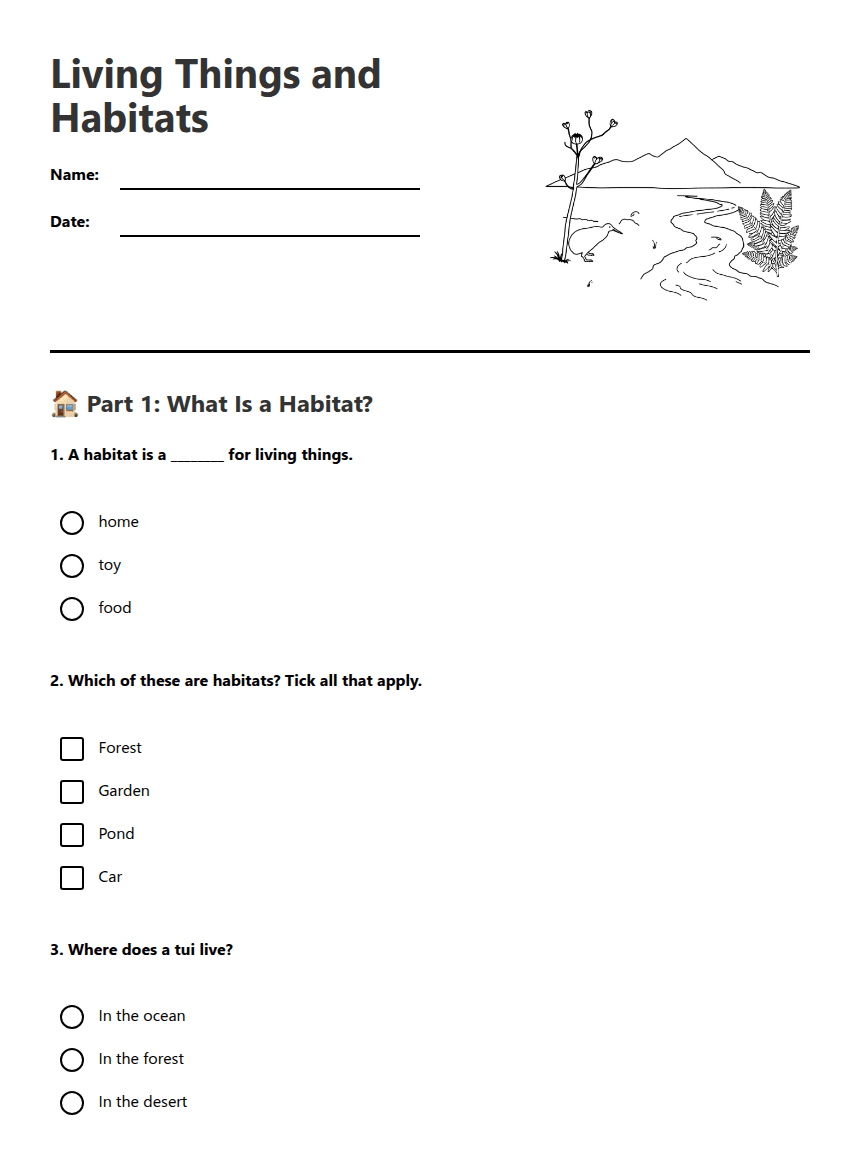 Living Things and Habitats worksheet preview