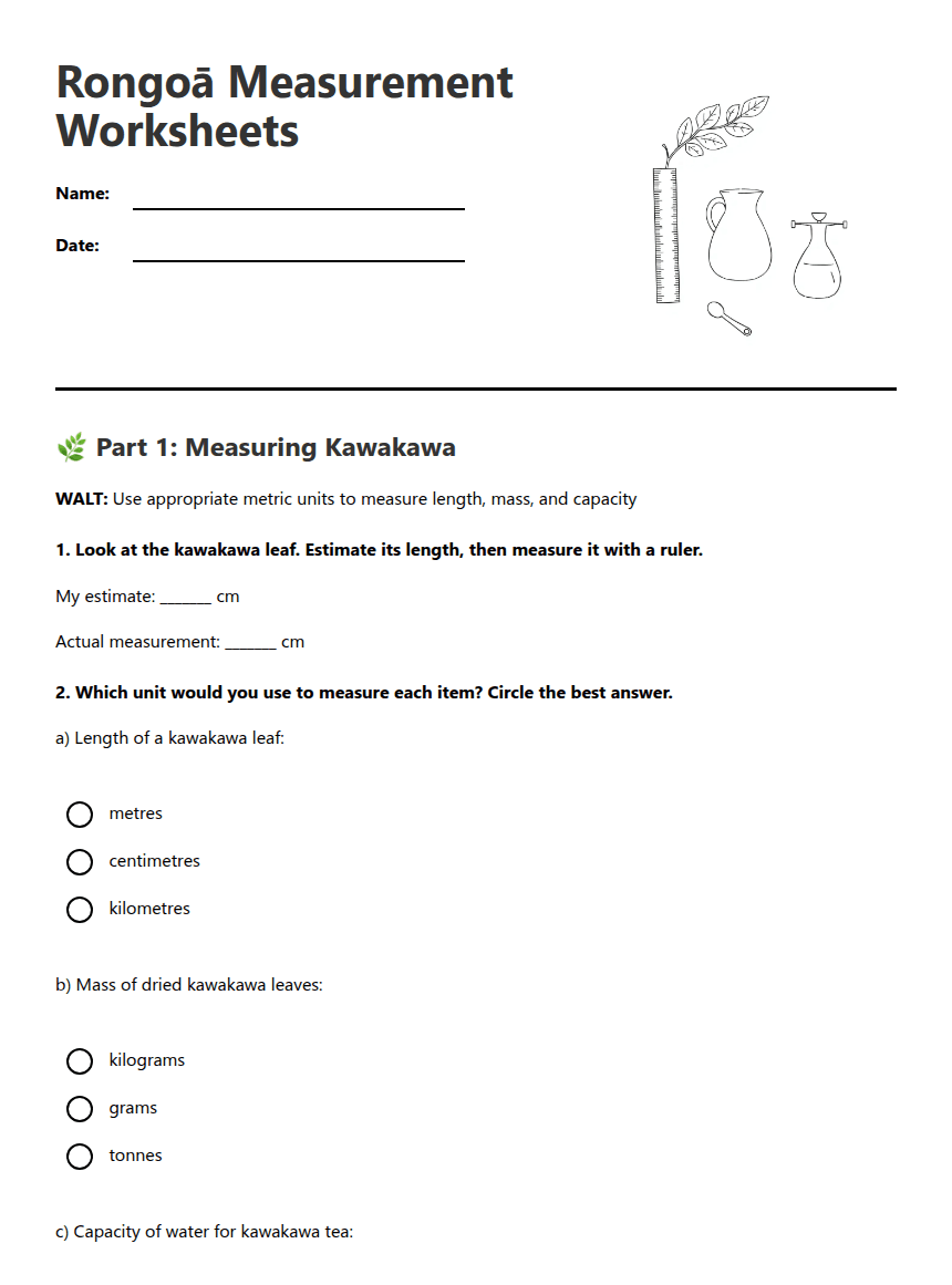 Rongoā Measurement Worksheets worksheet preview