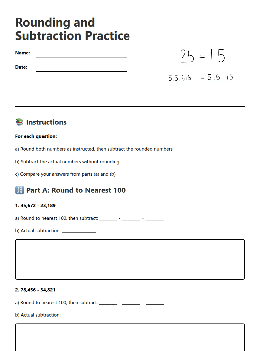 Rounding and Subtraction Practice worksheet preview