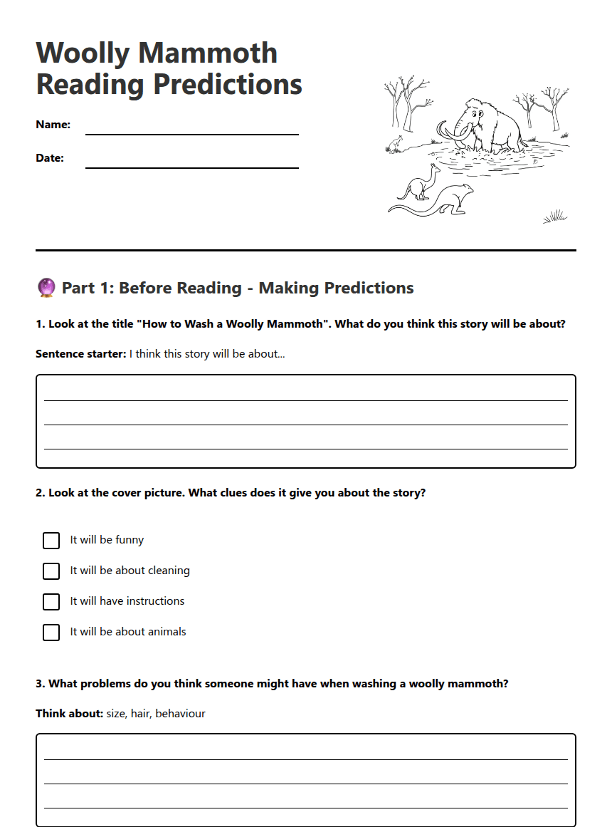 Woolly Mammoth Reading Predictions worksheet preview