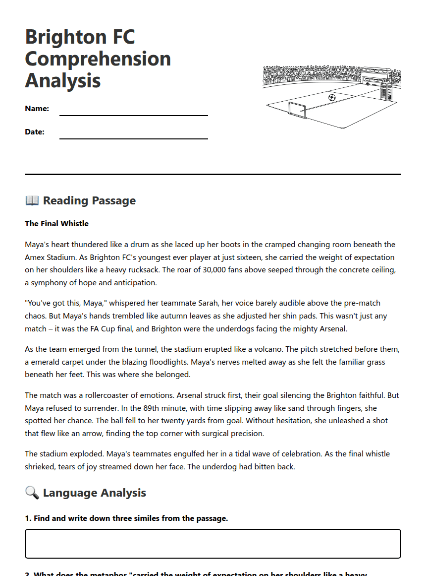 Brighton FC Comprehension Analysis worksheet preview