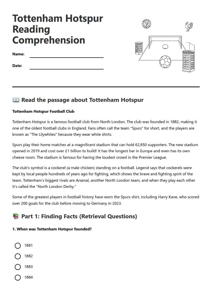 Tottenham Hotspur Reading Comprehension worksheet preview