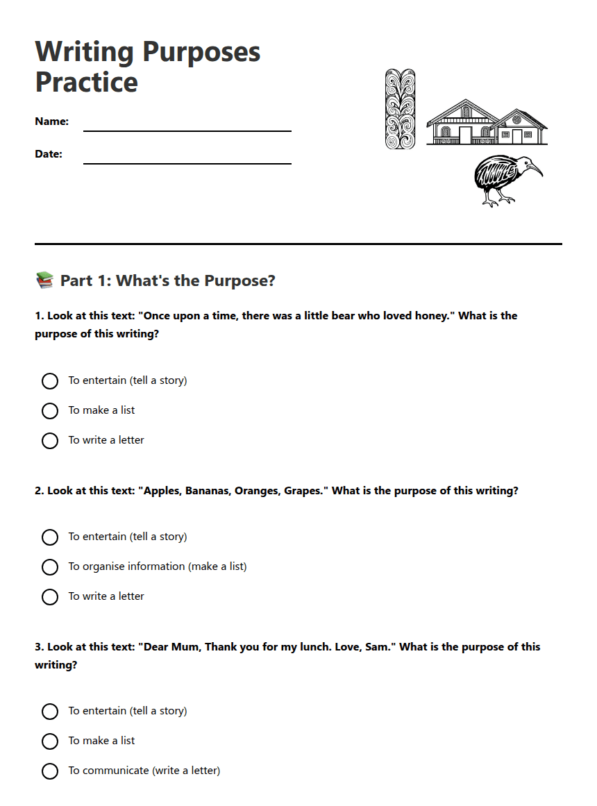 Writing Purposes Practice worksheet preview