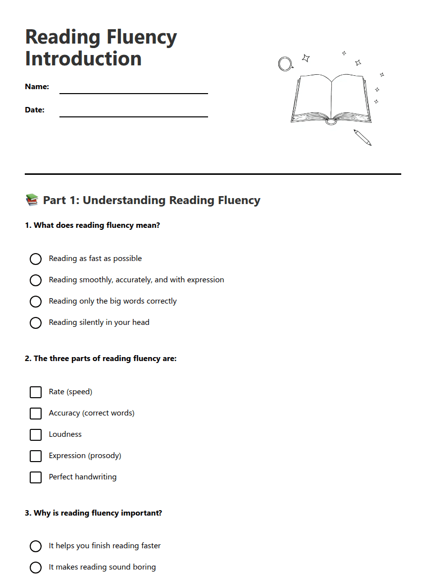 Reading Fluency Introduction worksheet preview