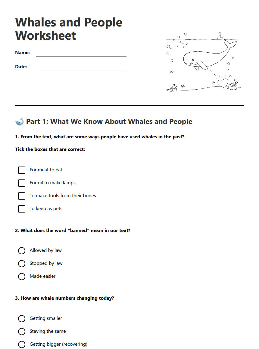 Whales and People Worksheet worksheet preview