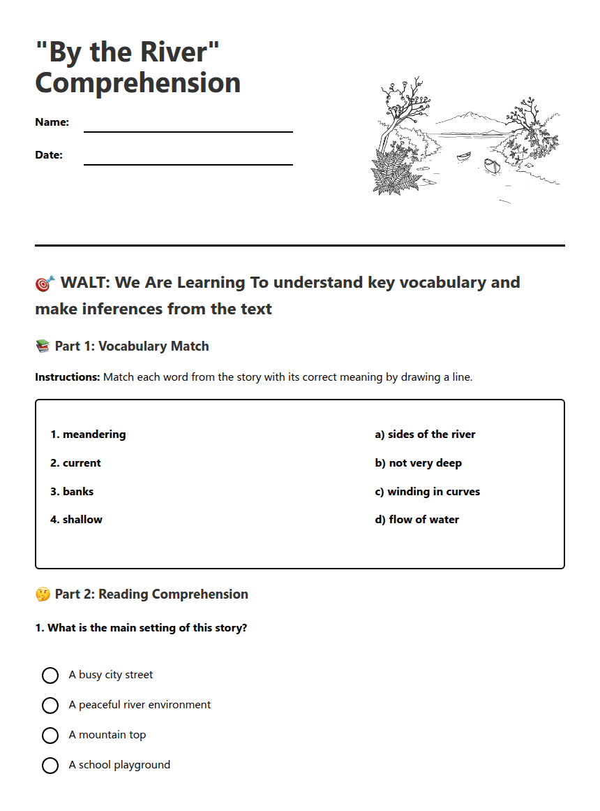 "By the River" Comprehension worksheet preview